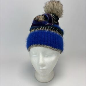 Vintage Juicy Couture Blue‎ Gray Wool Blend Pompom Hat with Charm One size